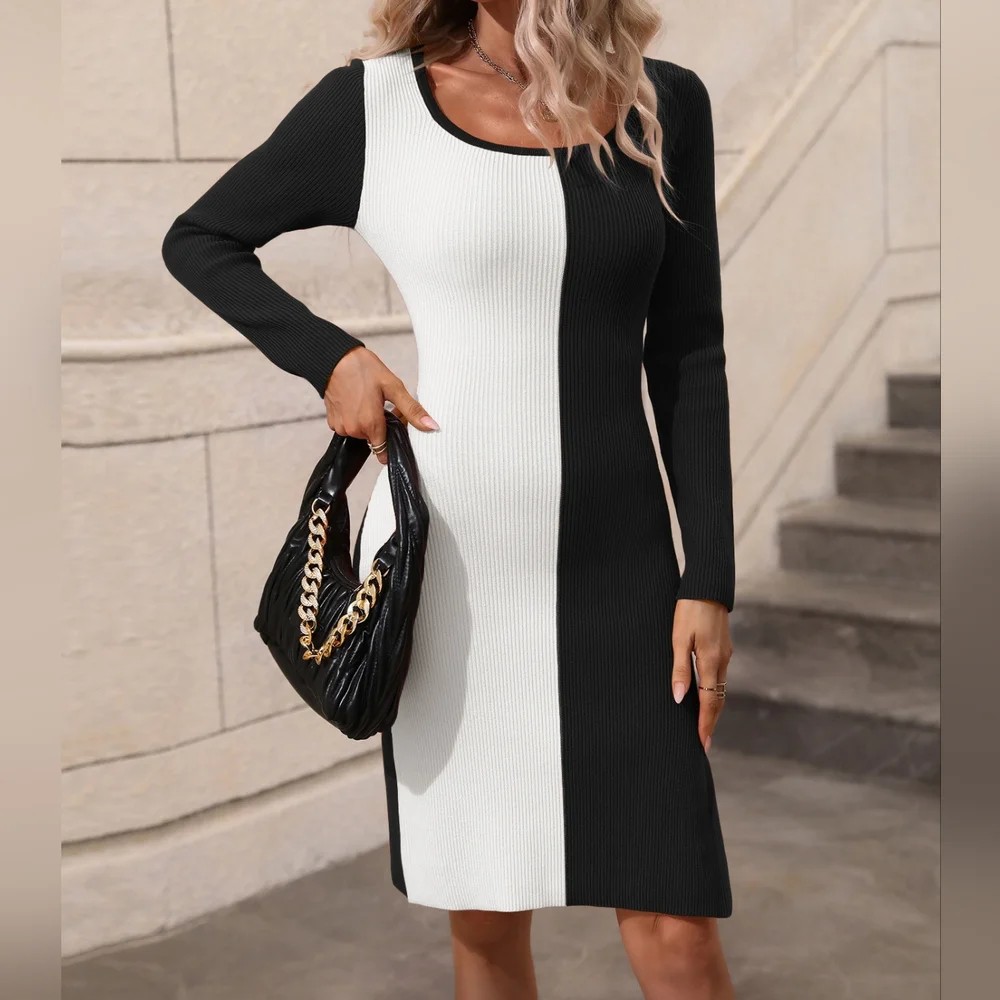 Cozy Crush Ribbed Sweater Dress - Black/White - Picture 5 of 8